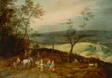 Jan Brueghel d.J., Weite hügelige Landschaft mit Rast auf der Landstraße. Ende der 1620er Jahre, Öl auf Eichenholz