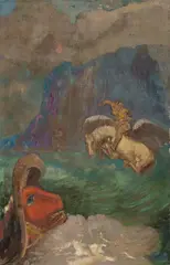 Odilon Redon, Roger et Angélique“ (auch „Saint Georges et le Dragon“ oder „Andromède sauvée“). (Vor) 1908, Öl auf Leinwand