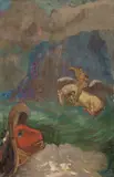 Odilon Redon, Roger et Angélique“ (auch „Saint Georges et le Dragon“ oder „Andromède sauvée“). (Vor) 1908, Öl auf Leinwand