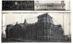 Christo, Wrapped Reichstag (Project for Berlin), 1986, Zweiteilige Arbeit: 1 Photographie und 1 Kontaktabzug, auf Velin montiert (oberer Teil), und Farbkreiden, Buntstift, Kohle und Bleistift auf Velin (unterer Teil), jeweils im Plexiglasrahmen