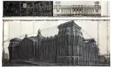 Christo, Wrapped Reichstag (Project for Berlin), 1986, Zweiteilige Arbeit: 1 Photographie und 1 Kontaktabzug, auf Velin montiert (oberer Teil), und Farbkreiden, Buntstift, Kohle und Bleistift auf Velin (unterer Teil), jeweils im Plexiglasrahmen