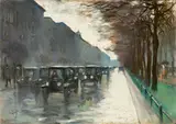 Lesser Ury, Unter den Linden mit Droschken im Regen“. 1920er-Jahre, Pastell auf Pappe