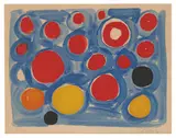 Untitled (Blue background with red, yellow, and black circles) by Alexander Calder, 1969, Lithograph on Arches paper, sold Sep 2018