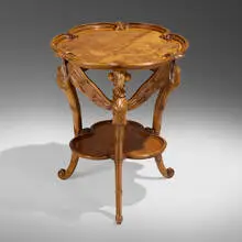 Exceptional Libellules marquetry table by Émile Gallé, c. 1900, oak, burl, mixed wood inlay, sold Mar 2024