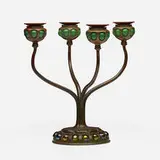 Jeweled candelabrum by Tiffany Studios, c. 1910, patinated bronze, hand-blown glass, Favrile glass, sold Mar 2024
