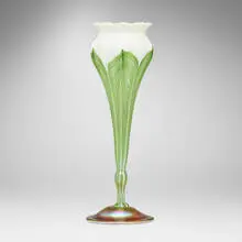 Ribbed pulled-feather vase by Tiffany Studios, c. 1906, hand-blown Favrile glass, sold Mar 2024