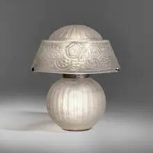 Art Deco table lamp by Daum, c. 1925, acid-etched glass, nickel-plated steel, sold Mar 2024