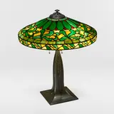 J.A. Whaley Co., Table lamp with swirling leaves, c. 1905, leaded glass, patinated bronze