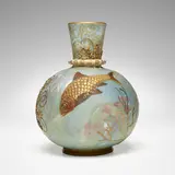 Crown Milano vase with fish by Mt. Washington Glass Company, c. 1890, gilt and enameled satin glass, sold Mar 2024