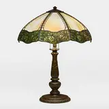Handel, Pine Needle Teroca overlay table lamp, c. 1910, patinated metal, slag glass