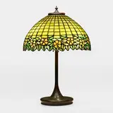 Table lamp with floral border by Unique Art Glass & Metal Company, c. 1920, patinated metal, leaded glass, sold Mar 2024