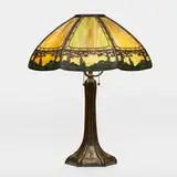 Handel, Scenic Teroca overlay table lamp, c. 1910, patinated metal, slag glass