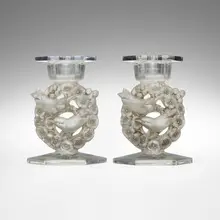 Mésanges candlesticks, pair by René Lalique, c. 1943, frosted and clear glass with gray patina, sold Mar 2024