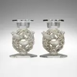 René Lalique, Mésanges candlesticks, pair, c. 1943, frosted and clear glass with gray patina