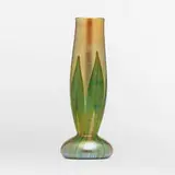Pulled-feather vase with dragonflies by Tiffany Studios, c. 1919, hand-blown and wheel-carved Favrile glass, sold Mar 2024