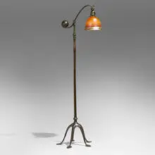 Tiffany Studios and Steuben, Intarsia counterbalance floor lamp, 1902-1919, patinated bronze, hand-blown Aurene glass