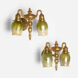 Sconces with pulled-feather tulip shades, pair by Tiffany Studios, c. 1910, acid-etched and gilt bronze, hand-blown Favrile glass, sold Mar 2024