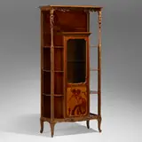 Marquetry étagère with tulips and landscape by Louis Majorelle, c. 1900, mahogany, walnut, mixed wood inlay, glass, sold Mar 2024