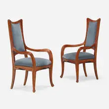 Armchairs, pair by attribution Louis Majorelle, c. 1900, mahogany, upholstery, brass, sold Mar 2024