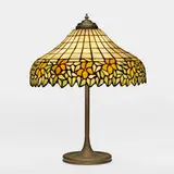 Periwinkle table lamp by Unique Art Glass & Metal Company, c. 1920, leaded glass, brass, sold Mar 2024