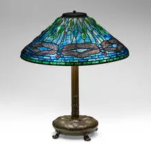 Tiffany Studios, Dragonfly table lamp, c. 1910, leaded glass, patinated bronze