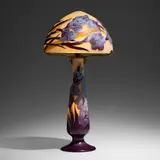 Galle, Exceptional table lamp with gladiolus, c. 1910, acid-etched cameo glass, bronze