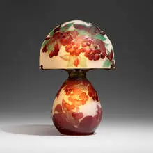 Rare mold-blown table lamp with cherries by Galle, c. 1930, mold-blown cameo glass, bronze, sold Mar 2024