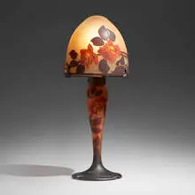 Boudoir lamp with roses by Muller Frères, c. 1910, acid-etched cameo glass, wrought metal, sold Mar 2024