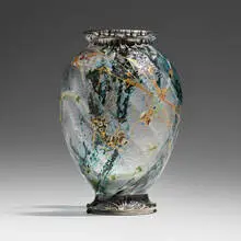 Émile Gallé, Rare dragonfly vase with silver overlay, c. 1900, acid-etched, enameled, and gilt cameo glass, silver