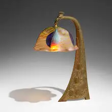 Phänomen lamp shade with Austrian peacock base by Loetz, c. 1900, hand-blown glass, patinated bronze, sold Mar 2024