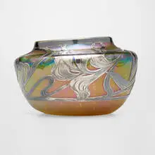 Decorated vase with silver overlay by attribution Quezal, c. 1910, hand-blown glass, sterling silver, sold Mar 2024