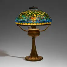 Tiffany Studios, Tyler Scroll table lamp, c. 1910, leaded glass, patinated bronze