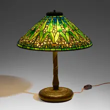 Arrowroot table lamp by Tiffany Studios, c. 1910, leaded glass, patinated bronze, sold Mar 2024