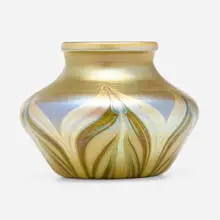 Pulled-feather cabinet vase by Tiffany Studios, c. 1910, hand-blown Favrile glass, sold Mar 2024