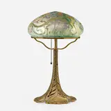 Handel, Teroma dragon globe lamp, c. 1915, obverse-painted, gilt, and acid-etched Chipped Ice glass, gilt metal