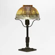 Handel and Pairpoint, Teroma boudoir lamp with winter scene, c. 1910, obverse-painted, reverse-painted, and acid-etched glass, patinated metal