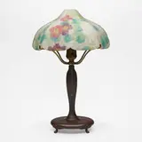Pairpoint, Puffy boudoir lamp with nasturtiums, c. 1915, reverse-painted acid-etched glass, patinated metal