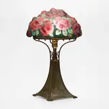 Pairpoint, Puffy Rose Bouquet table lamp, c. 1915, reverse-painted frosted glass, patinated metal