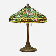 Wilkinson Co., Table lamp with flowers, c. 1912, leaded glass, patinated metal