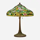 Wilkinson Co., Table lamp with flowers, c. 1912, leaded glass, patinated metal