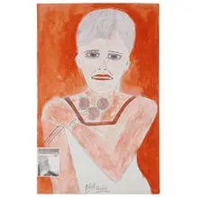 Lee Godie, Female Portrait, together with Artist Self-Portrait photo attached holding this painting and roses, with light hand sketched verso