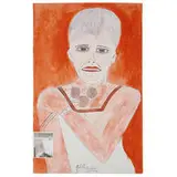 Lee Godie, Female Portrait, together with Artist Self-Portrait photo attached holding this painting and roses, with light hand sketched verso