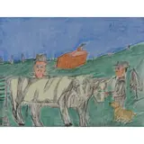 Shields Landon Jones, Farm Scene — two cows, two men and a dog