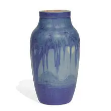 Sadie Irvine for Newcomb College Pottery, Spanish Moss and Moon earthenware landscape vase