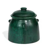 earthenware lidded jar with three stubby handles by Merrimac Pottery, sold Jun 2021