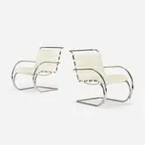 MR lounge chairs, pair by Ludwig Mies van der Rohe, stainless steel, leather, sold Jan 2019