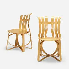 Hat Trick chairs, pair by Frank Gehry, 1999, laminated maple, sold Jan 2019