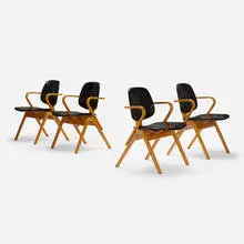 Joe Atkinson, armchairs, set of four, c. 1955, laminated beech, vinyl, aluminum