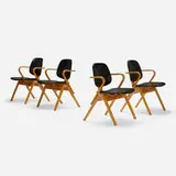 Joe Atkinson, armchairs, set of four, c. 1955, laminated beech, vinyl, aluminum