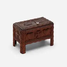 Tramp Art, box, 1909, chip-carved wood, porcelain